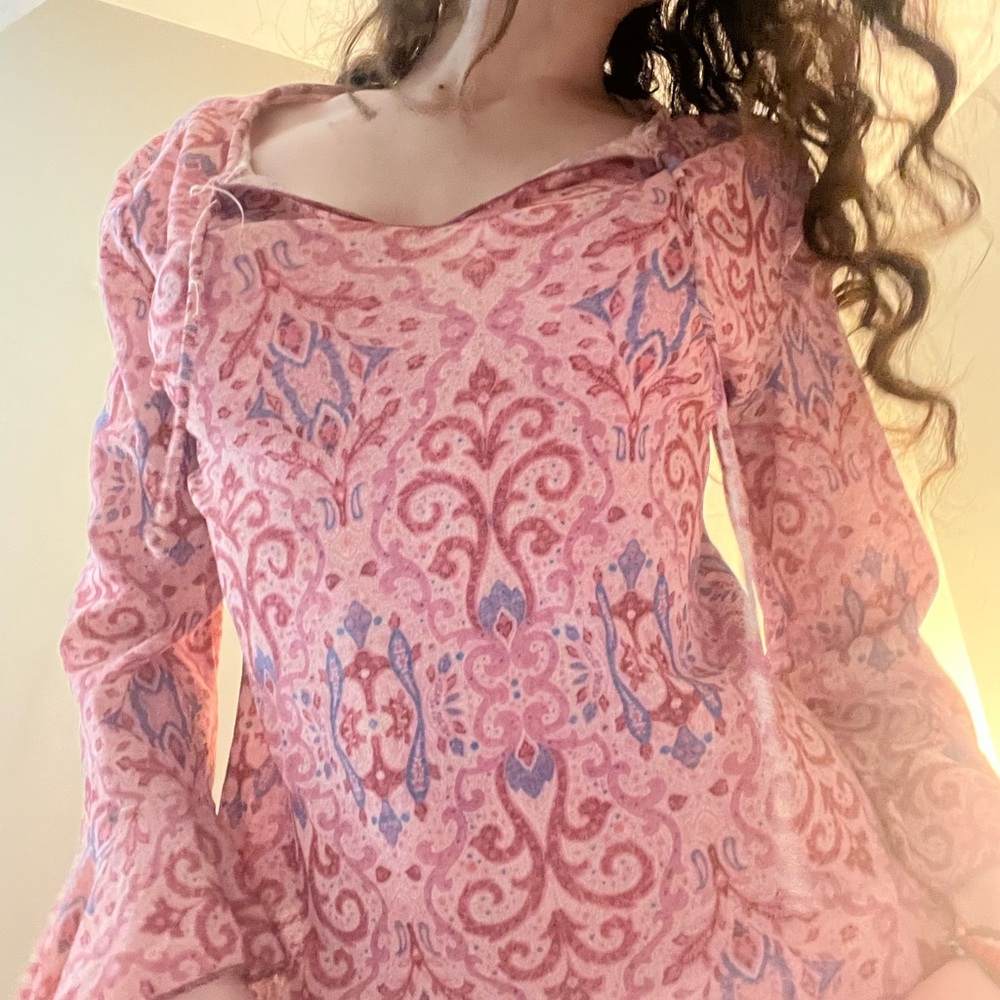 Pink and Blue Patterned Long Sleeve Top